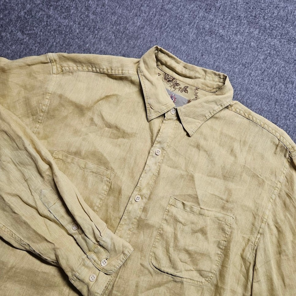 The Territory Ahead Button Down Shirt Men L Yellow 100% Linen Long Sleeve Pocket